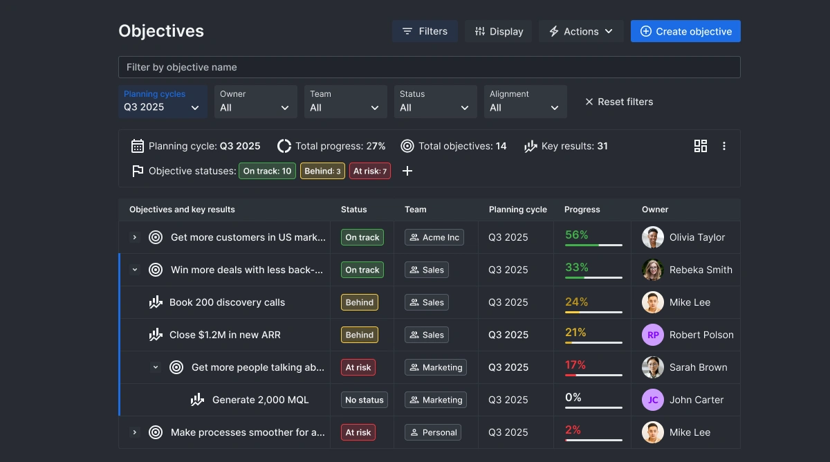 Effortbox OKR objectives list with progress tracking